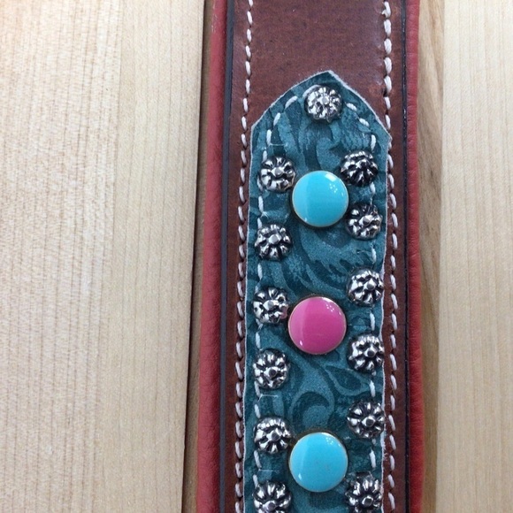 Mad Cow genuine leather jewelry dog collar handmade red pink turquoise studded - Picture 7 of 14